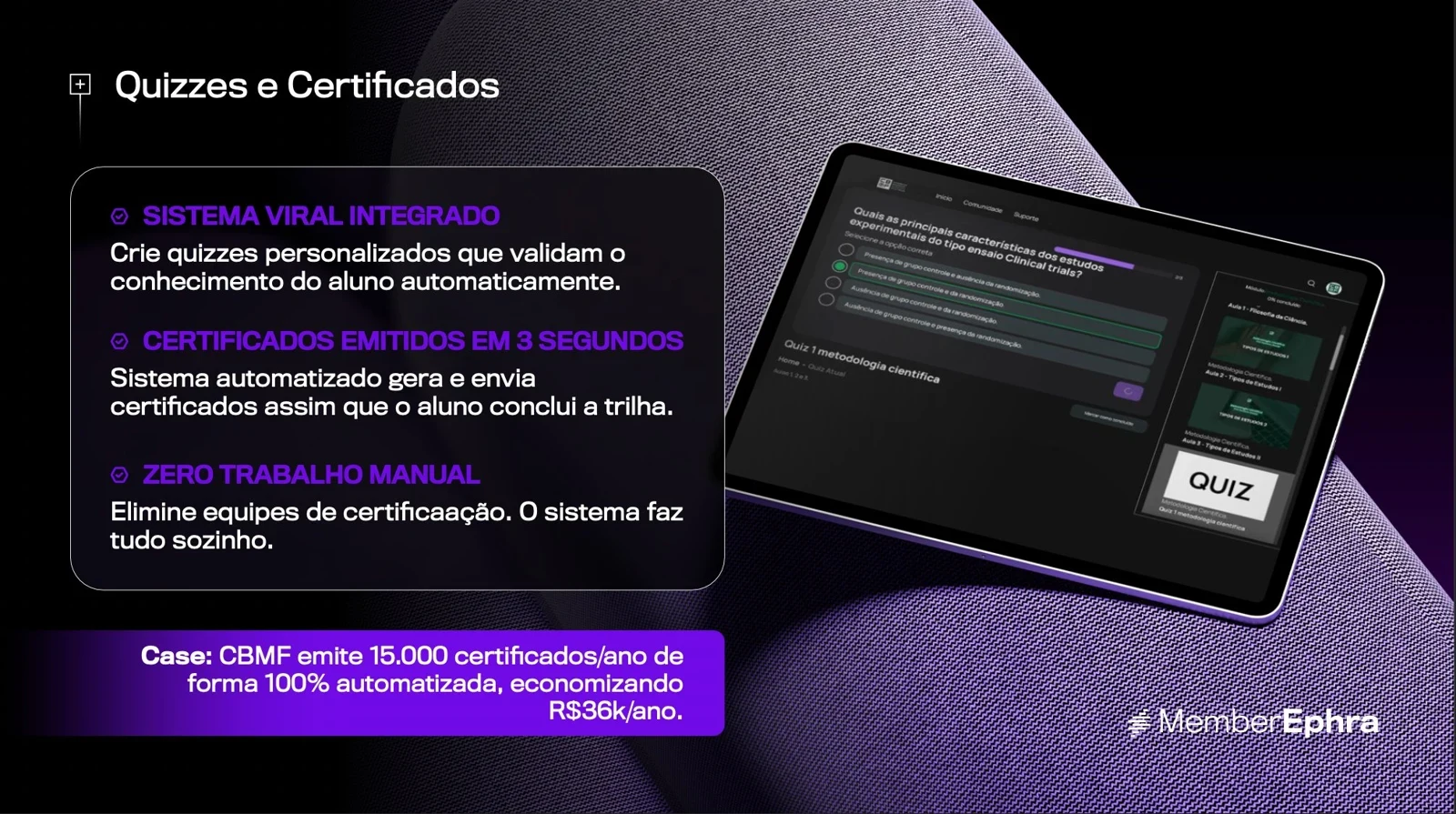 Quizzes e Certificados automatizados no MemberEphra